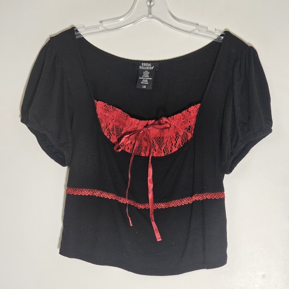 Social Collision Top Womens Large Black Red Lace Tie Y2K Babydoll Coquette Elena